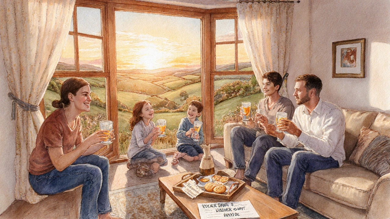 Friends and family celebrating inside a cottage with a sunset view.