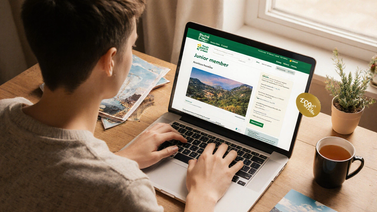 Young adult using a laptop at a desk with travel brochures, hinting at a discount.